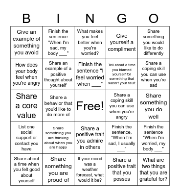 Mental Health Bingo Card