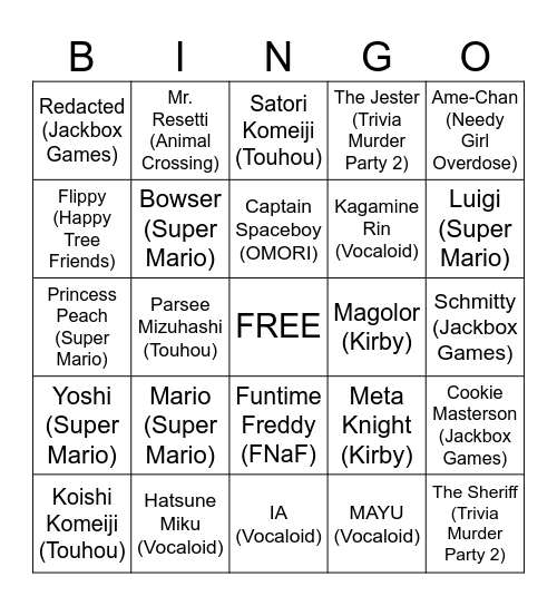 MajestyDeer’s Favorite Characters Bingo Card