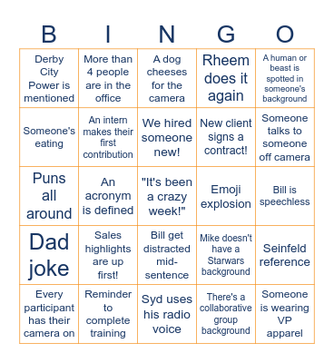 VP Recap Meeting Bingo Card