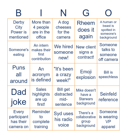 VP Recap Meeting Bingo Card