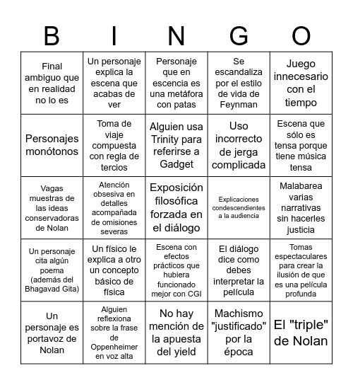 Oppenheimer Bingo Card