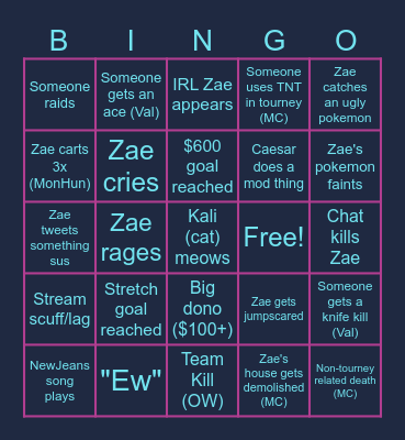 Zae's FRAXA Fundraiser BINGO Card