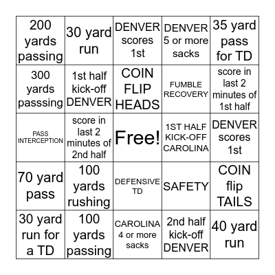 SUPER BOWL 2016 Bingo Card