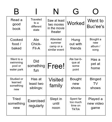 Summer Bingo Card