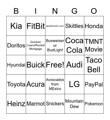 Super Bowl Ad Bingo Card