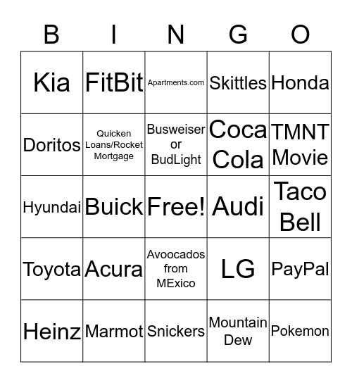 Super Bowl Ad Bingo Card