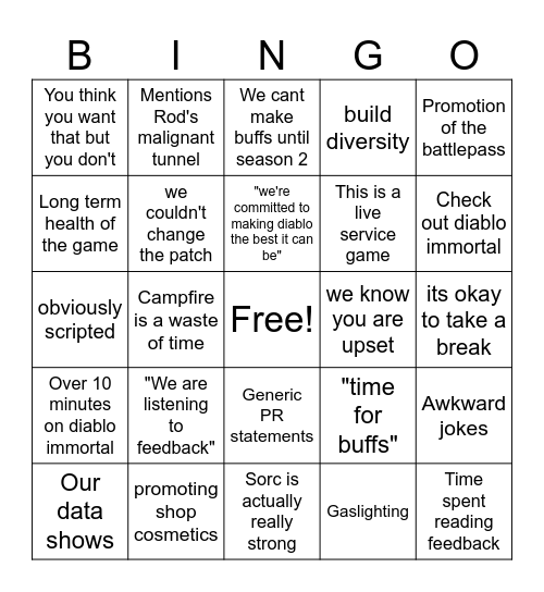 Diablo 4 Campfire Chat Bingo Card