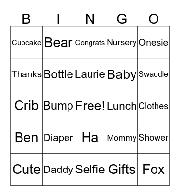 Ben and Laurie's Baby Shower Bingo Card