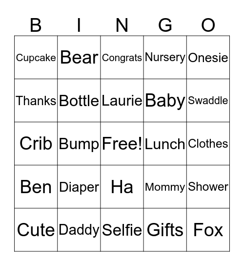 Ben and Laurie's Baby Shower Bingo Card