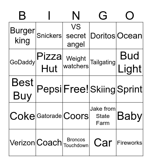 Super Bowl Commercial Bingo Card