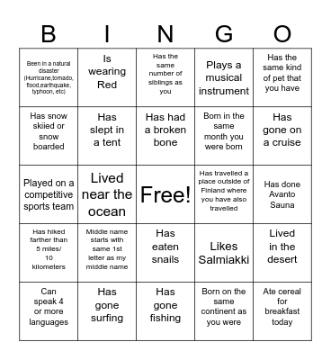 Get Acquainted Bingo Card