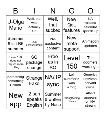 FGO 8th Anniversary Bingo Card