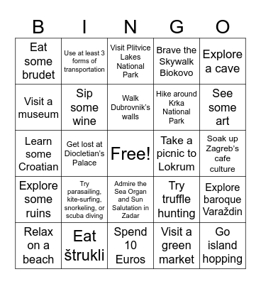 Croatia Travel Bingo Card