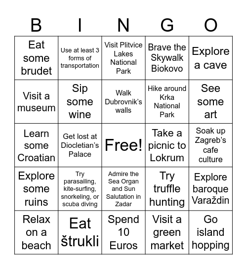 Croatia Travel Bingo Card