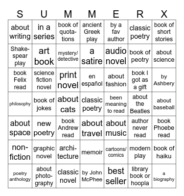 Summer Reading 2023 Bingo Card