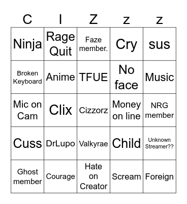 Stweamers Bingo Card