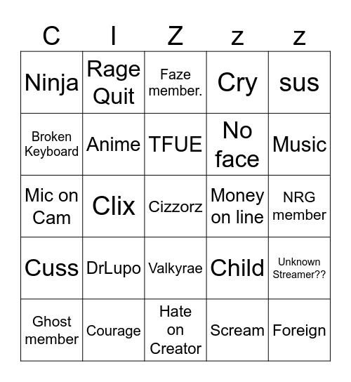 Stweamers Bingo Card