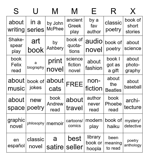 Summer Reading 2023 Bingo Card