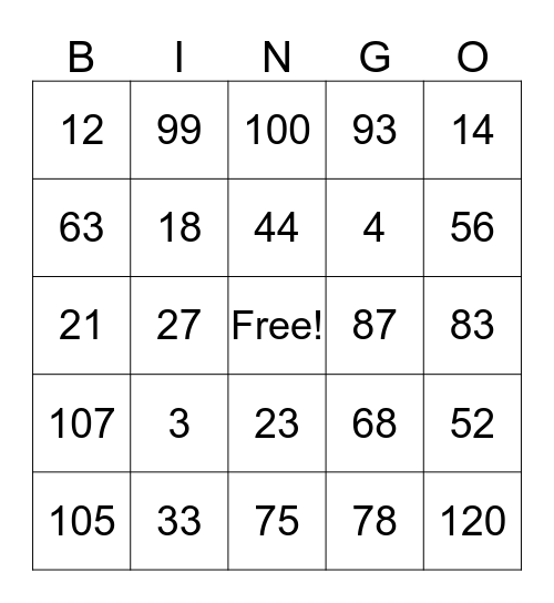 Find the Number Bingo Card