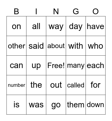 sight words Bingo Card