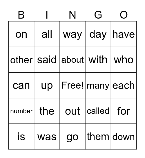 sight words Bingo Card