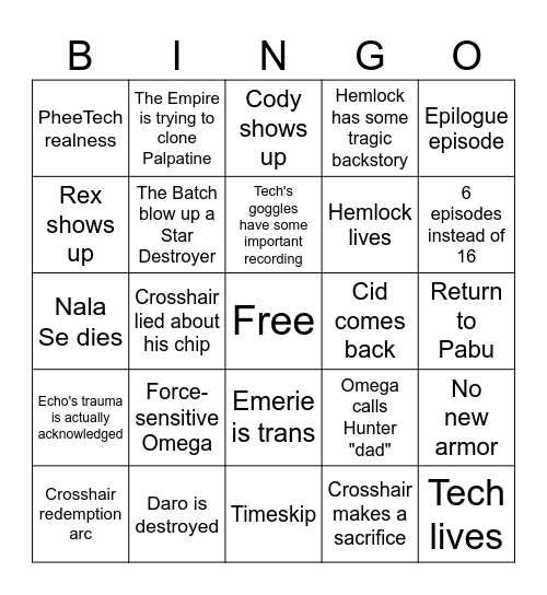 Bad Batch S3 Bingo Card