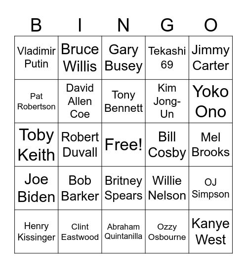2023 Celebrity Death Bingo Card