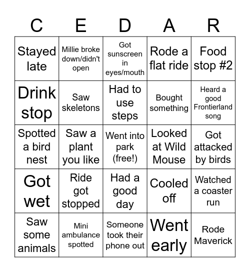Cedar Point Day Bingo Card
