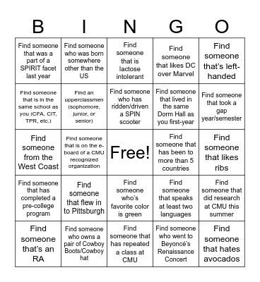 SPIRIT: Welcome Back GBM Bingo Card