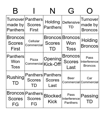 Super Bowl Bingo 2016 Bingo Card
