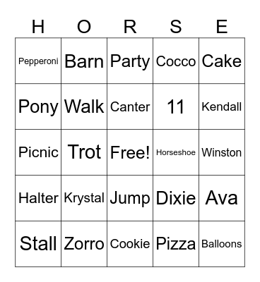 Pizza Party Pony Picnic Bingo Card