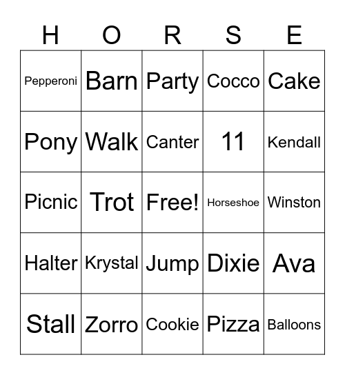 Pizza Party Pony Picnic Bingo Card