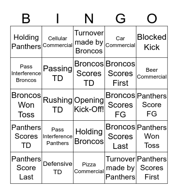 Super Bowl Bingo 2016 Bingo Card