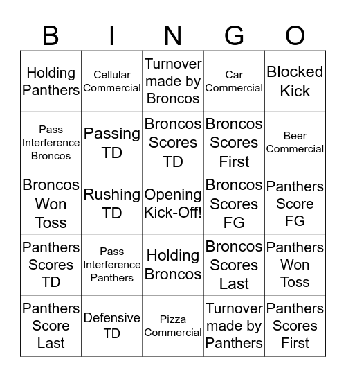 Super Bowl Bingo 2016 Bingo Card