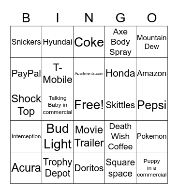 SUPER BOWL 50 COMMERCIALS Bingo Card