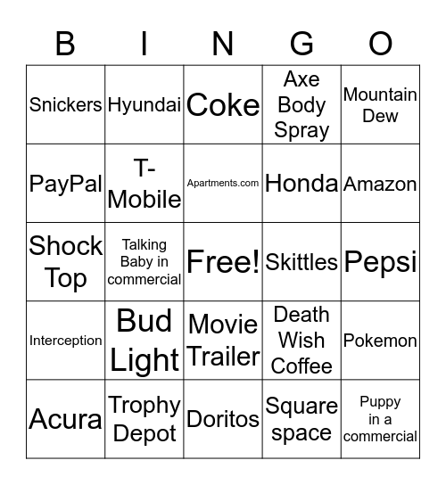 SUPER BOWL 50 COMMERCIALS Bingo Card