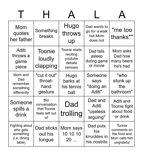 Goyal Family Bingo Card