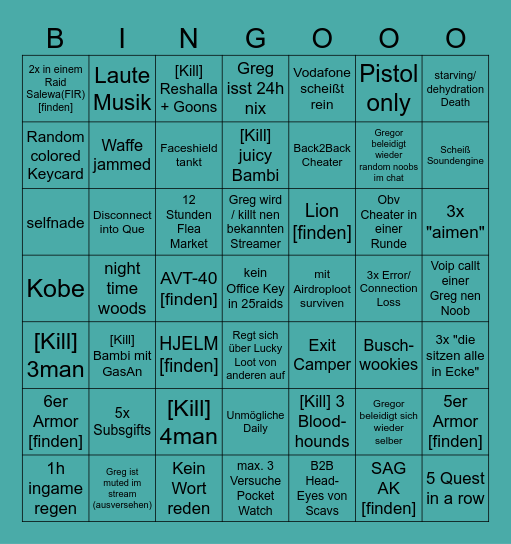 Tarkov Wipeday Bingo 37h Stream Bingo Card