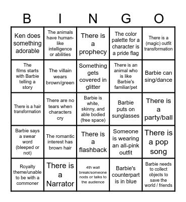 Barbie Movie Bingo Card