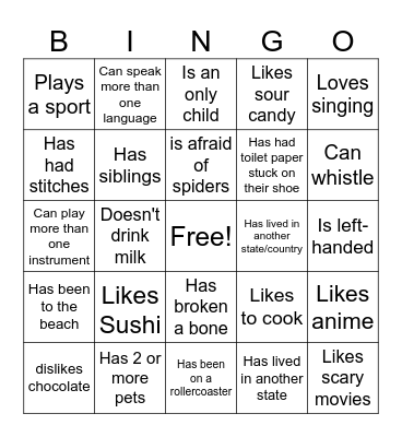 Getting to Know You! Bingo Card