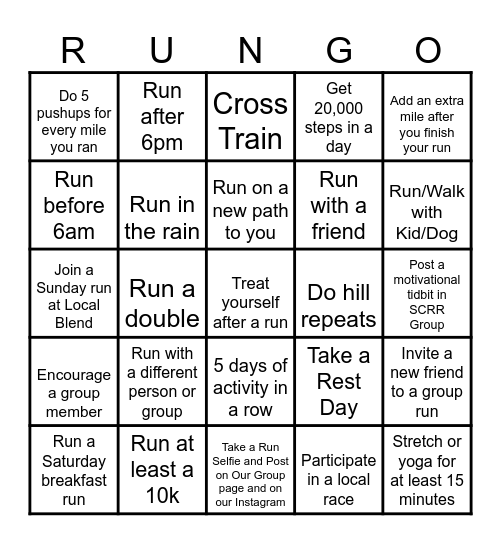Summer Running Bingo Card