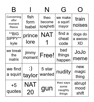 The die episode Bingo Card