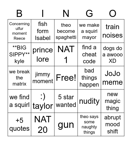 The die episode Bingo Card