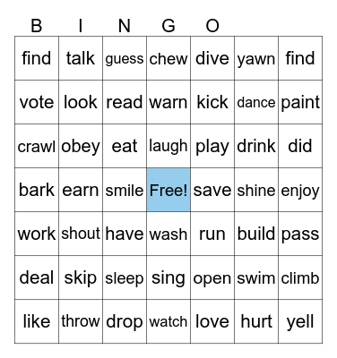 VERBS BINGO Card