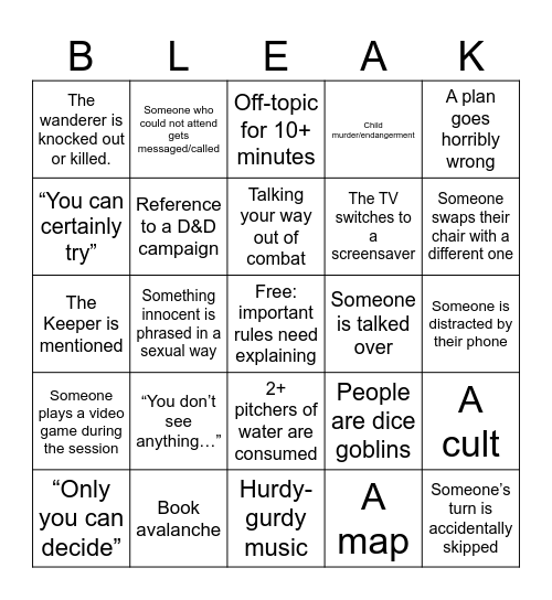 Bleak Spirit Bingo Card