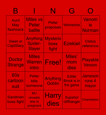 Spider-Man 2 Bingo Card