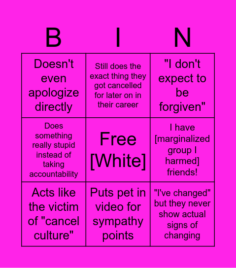 Online Apology Bingo Card