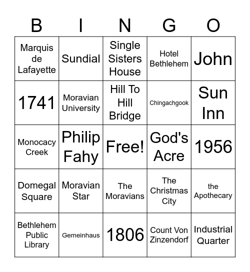 Bethlehem Bingo Card