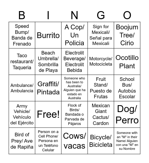 BAJA Roadtrip Bingo Card