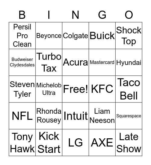 Super Bowl Bingo Card